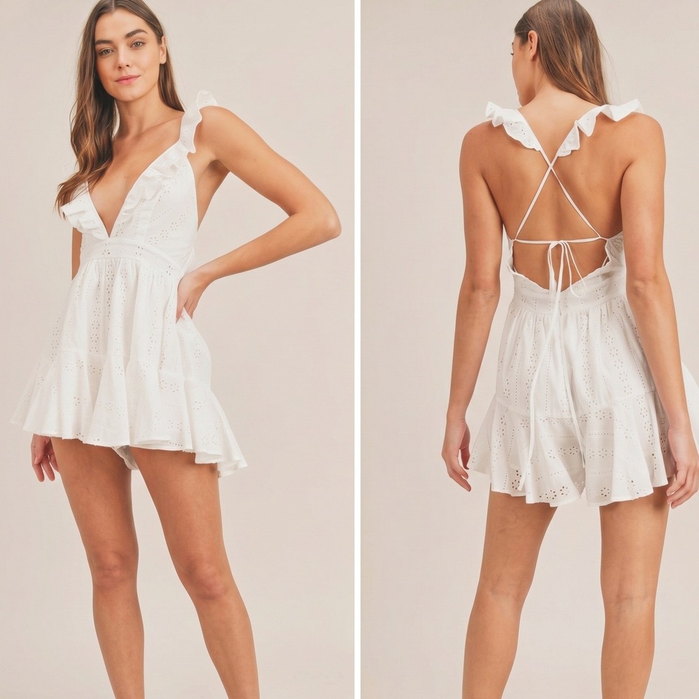 Mable White Eyelet Ruffle Lace Up Back Romper Medium Cottagecore Summer Bridal - Picture 1 of 7